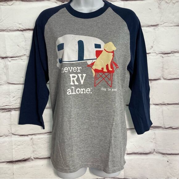 Dog Is Good Raglan T-Shirt Never RV Alone SZ S Fitted Gray Golden Retriever EUC - Picture 1 of 7